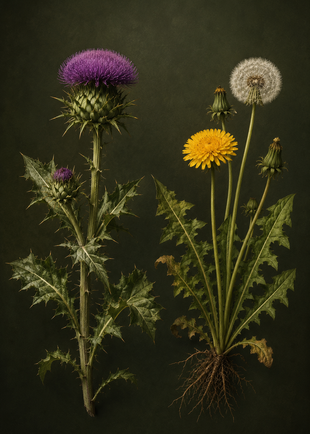Ostropestřec mariánský a pampeliška lékařská — botanická fotografie